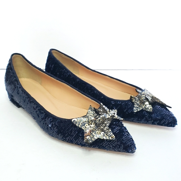 NWOT J. Crew Star Sequins Navy Silver Point Toe Flats 6